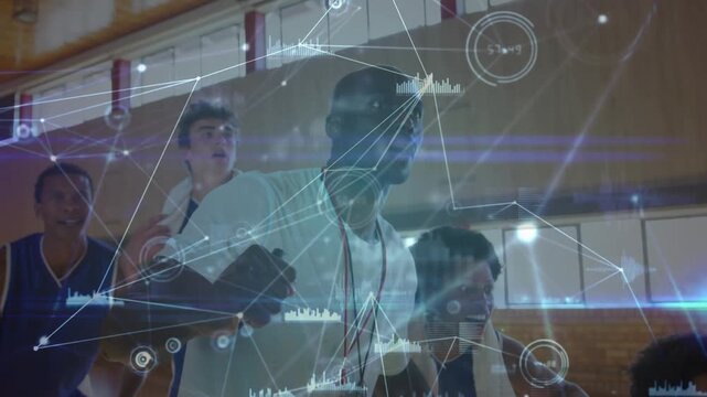 Animation of network of connections with data processing over diverse basketball players at gym