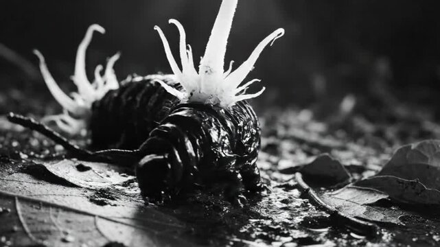 Black and white close up of a millipede infected by parasitic cordyceps fungus sprouting from its body.