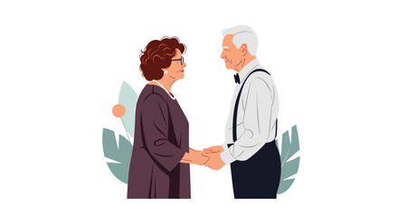 Obraz premium Loving elderly couple holding hands and sharing a tender moment together against a simple background with soft green leaves.