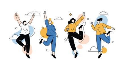 Obraz premium Group of four happy friends jumping together and showing peace signs against a background of clouds and colorful shapes.