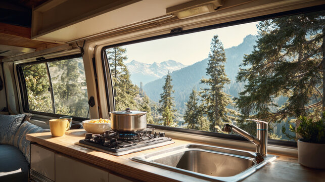 Camping van cooking in nature