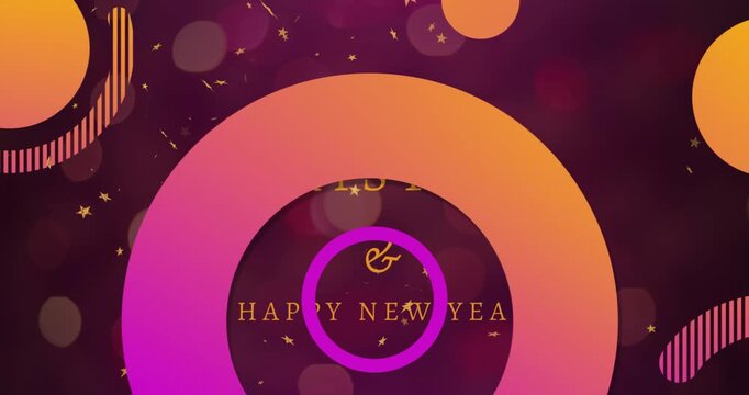 Animation of happy new year text over shapes