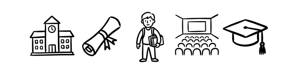 Naklejka premium Hand-drawn education icon set in doodle style featuring a school, diploma, student, lecture hall, and graduation cap. Minimalist black line art for academic and learning projects.