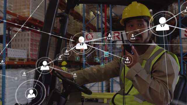 Animation of icons connected by lines, asian worker talking on walkie talkie while driving forklift