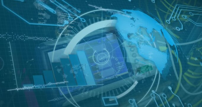 Animation of 5g text in circle, globe, computer language and circuit board pattern over technology