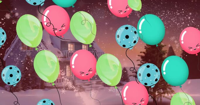 Animation of balloons and snow over winter landscape