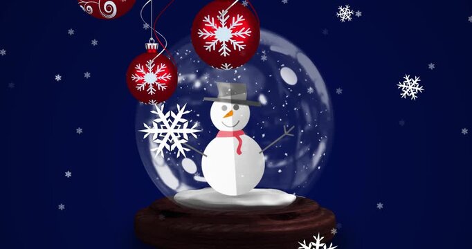 Digital animation of a snow globe and pink bauble with snowfall on a red background.