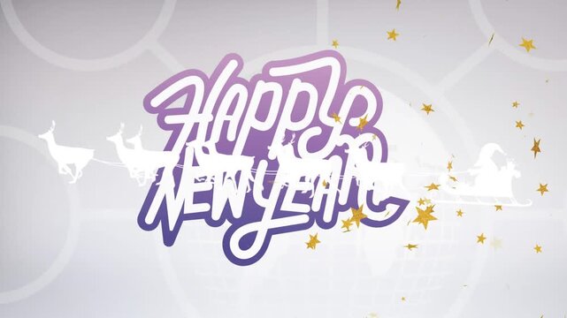 Animation of santa claus in sleigh pulled by reindeers over happy new year text on grey background