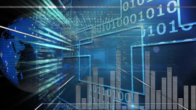 Blue earth bitmap, binary codes, and fluctuating bar graph displayed.