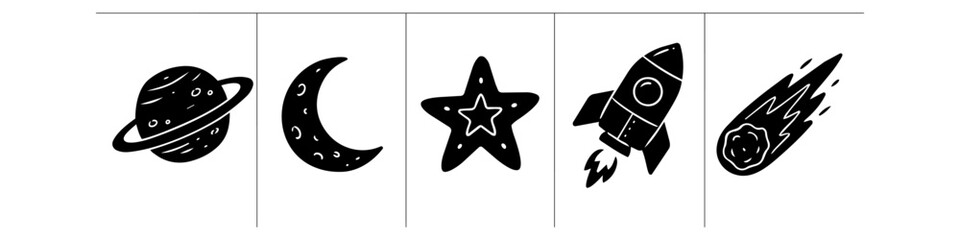 Set of hand-drawn space icons in a black and white doodle style, featuring a ringed planet, crescent moon, star, rocket ship, and meteor. © Nort Kor