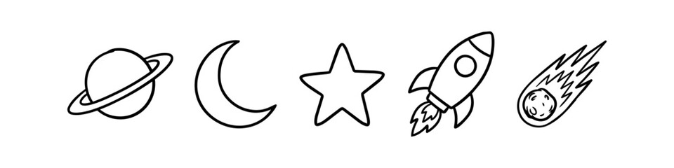 Set of hand-drawn space icons including a planet, crescent moon, star, rocket ship, and comet. Minimalist black line art on a white background, ideal for kids' education, crafts, and simple designs. © Nort Kor