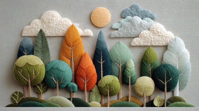 Artistic depiction of diverse trees and clouds against a neutral backdrop