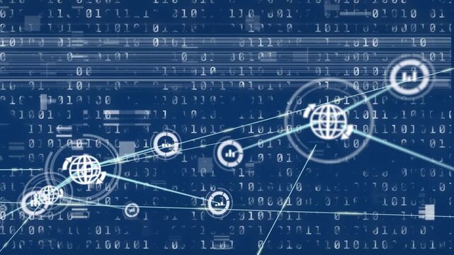 Animation of glitch effect over network of digital icons and binary coding against blue background