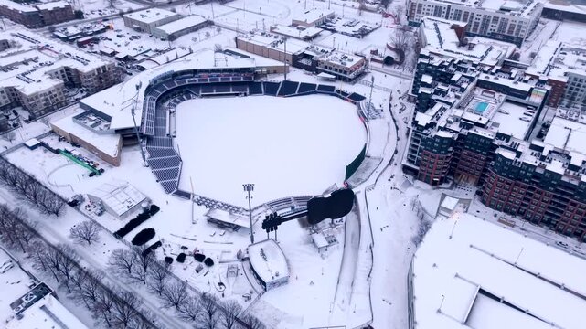 First Horizon Park is a baseball stadium home of the Triple-A Nashville Sounds blanketed in snow - aerial parallax