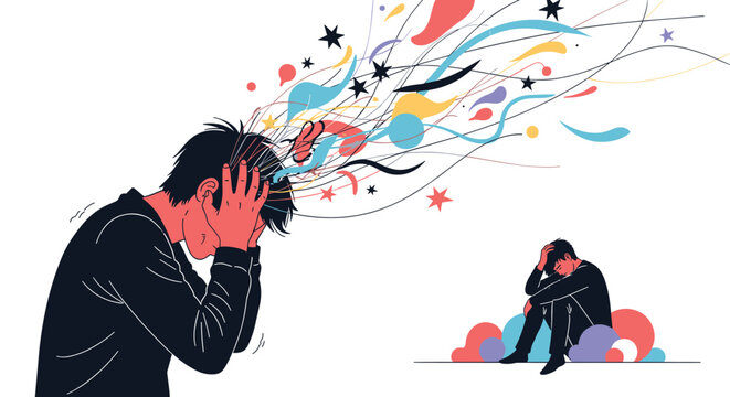 Man suffering from stress and anxiety with colorful messy lines and stars exploding from his head as a metaphor.