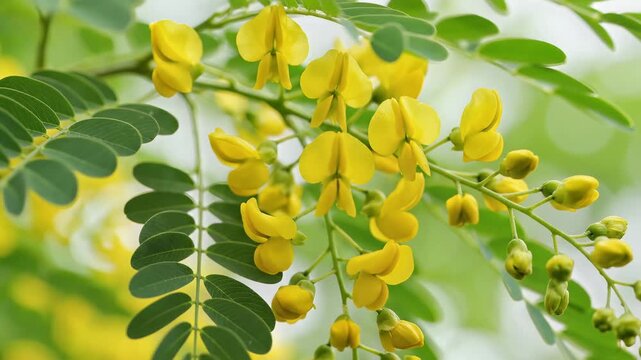 Closeup of a Cassia fistula tree branch with yellow flowers and green leaves.