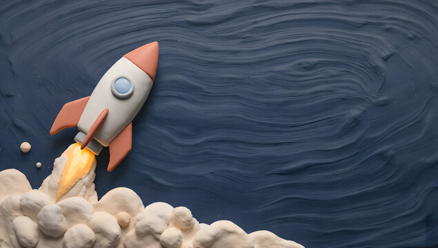 Digital illustration or wallpaper featuring a stylized rocket ship traveling through a dark blue space with clouds and stars