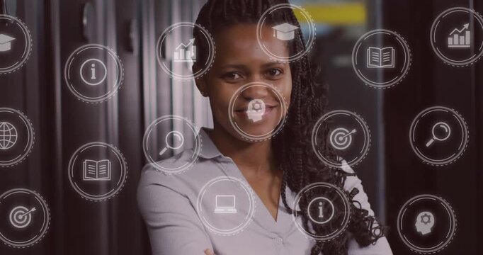 Animation of data processing over african american female it engineer by computer servers