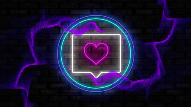 Animation of neon heart and message icon and purple digital waves against brick wall background