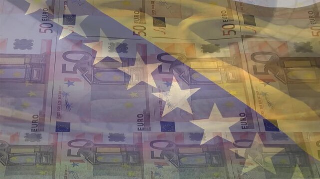 Animation of waving bosnia and herzegovina flag against close up of euro bills in seamless pattern
