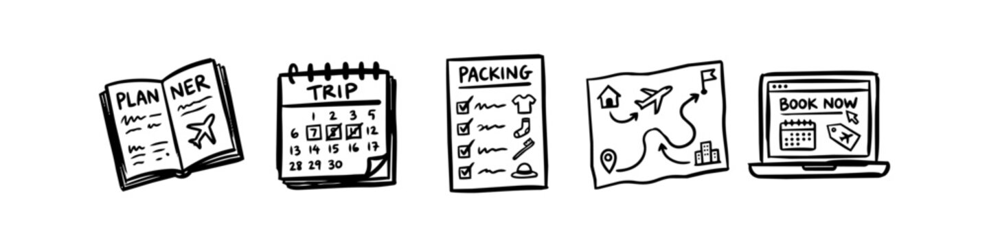 Hand-drawn doodle set of travel planning icons including a planner, trip calendar, packing checklist, map route, and laptop booking interface. Minimalist black ink sketch on white background.
