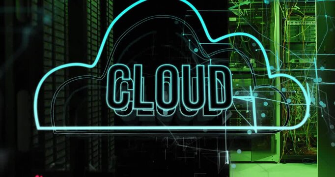 Animation of cloud text banner and icon over light trails against computer server room