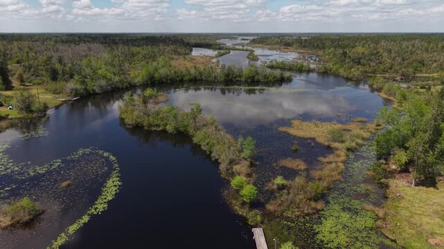 Drone orbit over marshy river delta landscape with winding waterways and scattered local houses, 30A, Florida, USA