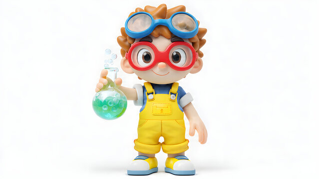 3D digital illustration of a cute cartoon Wearing goggles and overalls, holding a flask with liquid.