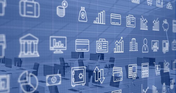 Animation of business icons over desks with computers on blue background