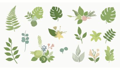 Fototapeta premium Decorative green leaf floral flat vector illustration set