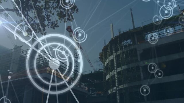 Digital network connections overlaying building structures at construction site
