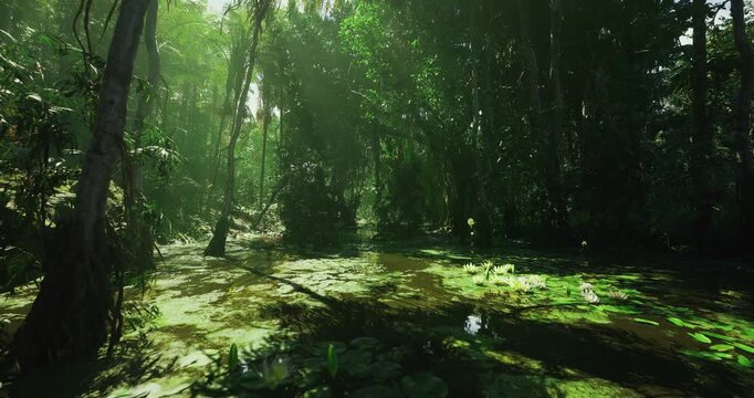 Golden hour forest pond with soft warm light, reflective green surface studded with duckweed, long shadows and rich texture for cinematic landscape and wellness