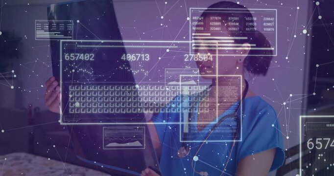 Medical professional holding radiograph panel in clinic, showing stethoscope, holographic data grid