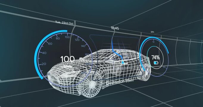 3D wireframe sports car floating in grid space, displaying speedometer, battery and nav line