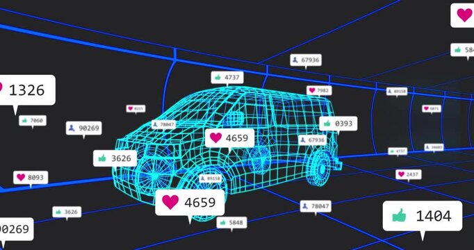 Starting with heart icon 0215 emerging before van model, social tags rising fading showing stats