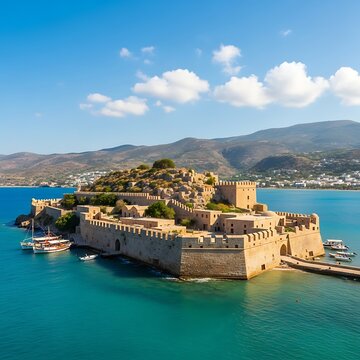Picturesque Fortress Island in the Turquoise Sea Under a Blue Sky.