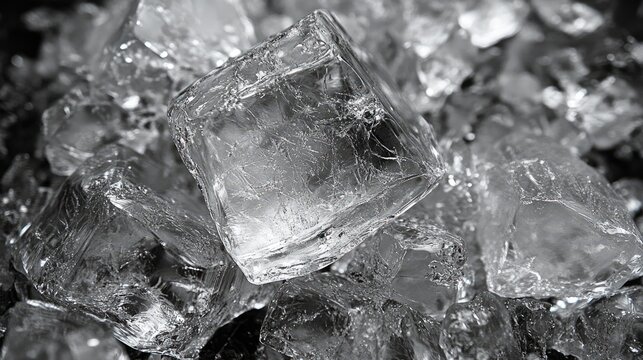 Close-up of Ice Cubes with Reflections on Surfaces Displaying Cold Refreshment