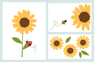 Sunflower and bee illustration set cute floral garden insect nature design. © Thanawat