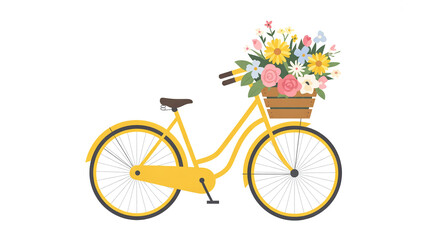 Fototapeta premium A digital illustration of a vintage-style yellow bicycle with a wooden crate filled with colorful flowers in its front basket.