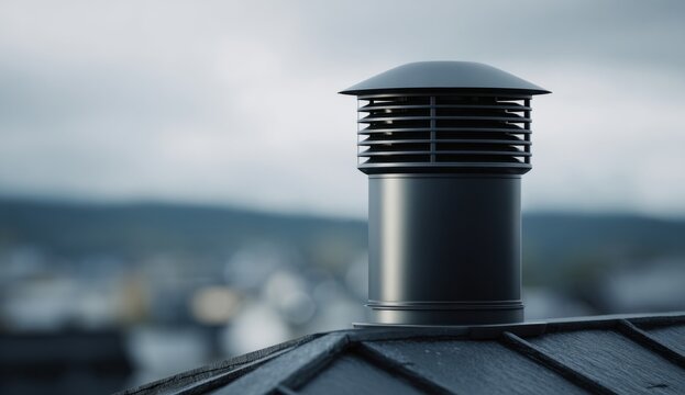 A black chimney on a roof with exterior wind ventilation cap