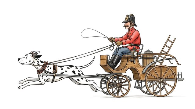 Whimsical drawing of a heroic Dalmatian racing with a firefighter on a classic horse-drawn fire wagon