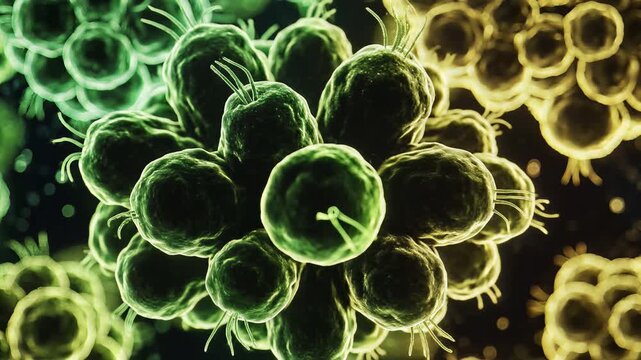 Abstract microscopic cluster of vibrant green bacilli cells with delicate tendrils, slowly rotating in a dark bokeh background, symbolizing biology