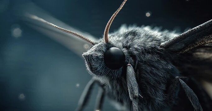 Macro shot of a fuzzy moth with intricate details, captured in a cinematic, ultra-realistic style at night