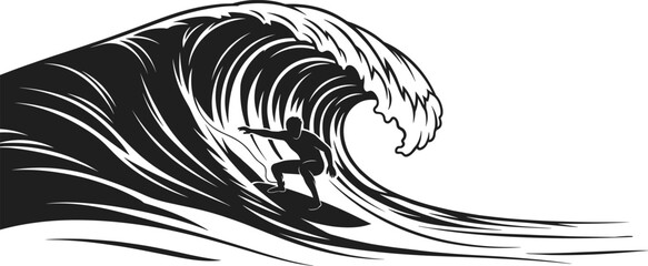 Black Silhouette of a Surfer Riding a Wave, Vector Illustration of Extreme Sports on White Background © Md