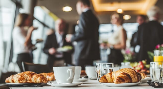 Business professionals networking over coffee and croissants in a bright, modern setting.