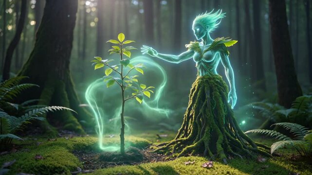 A glowing tree nymph tends to a small sapling in a mystical forest.
