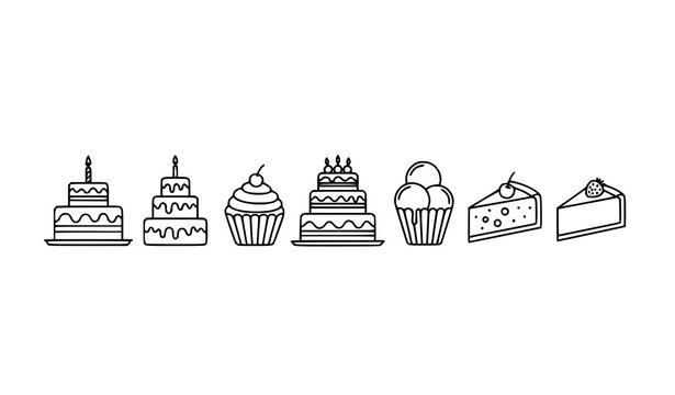 Minimal cake and bakery line icons with birthday wedding cupcake and cheesecake editable stroke vector for food app and UI design