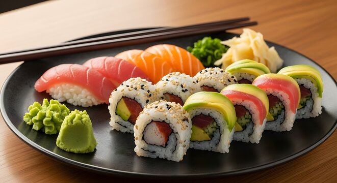 Delicious sushi platter with various rolls and nigiri, a culinary delight.