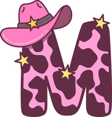 Fototapeta premium Pink Cow Print with Cowgirl Hat Alphabet M