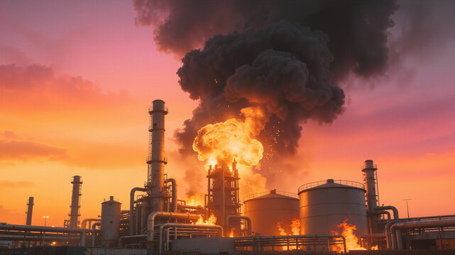 Oil refinery explosion with fire and thick black smoke at sunset. Industrial accident concept showing chemical plant disaster during evening hours.